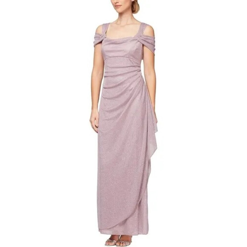 Alex Evenings Petite Cold-Shoulder Draped Metallic Gown - Mauve Pink